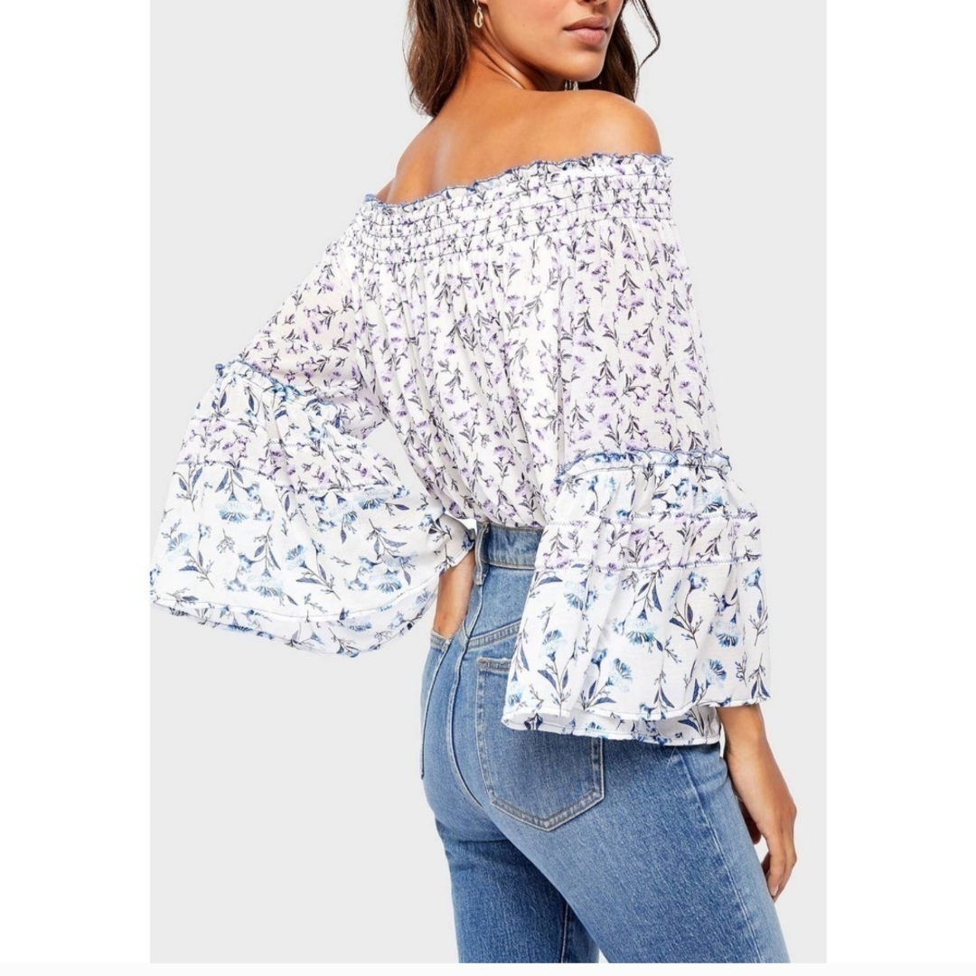 Free People White And Blue Off-The-Shoulder Bell Sleeve Blouse